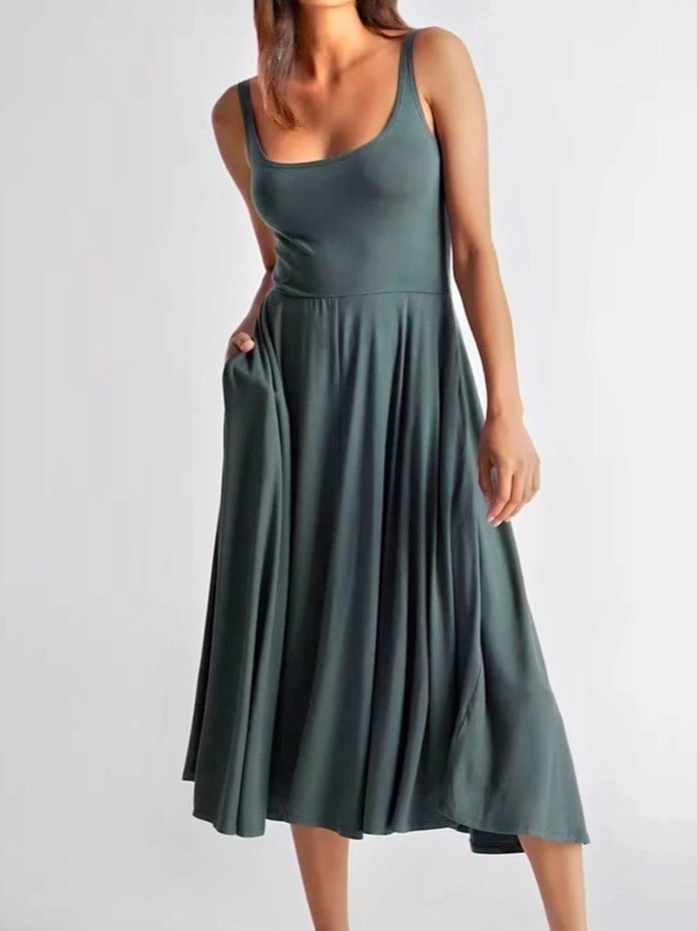 Quince Womens Tencel Jersey Fit & Flare Dress Dark Olive Green New NWT Medium